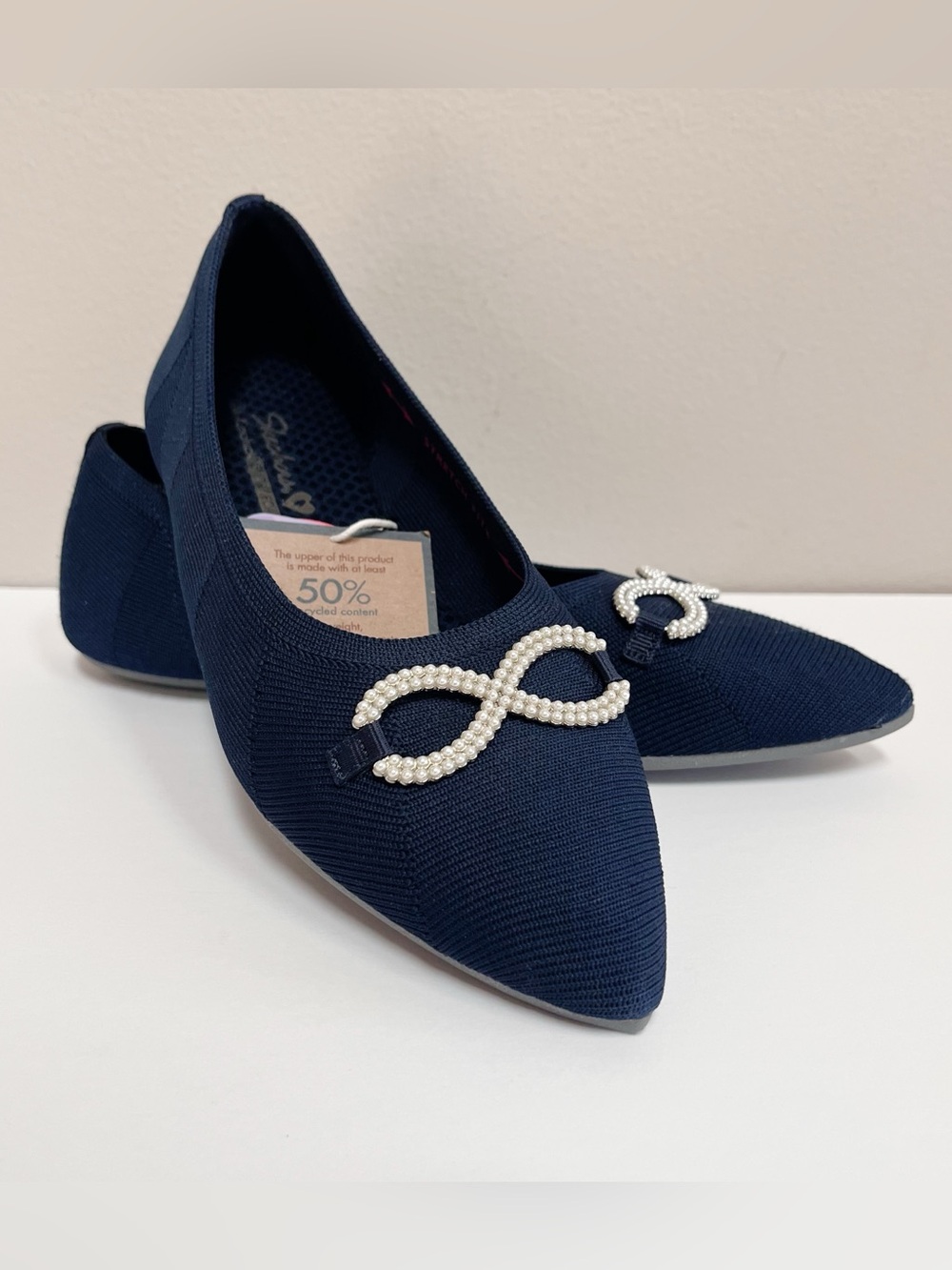 Skechers Cleo Pointed Toe Recycled Knit Pearl Bow Skimmers Flats Navy Size 9.5